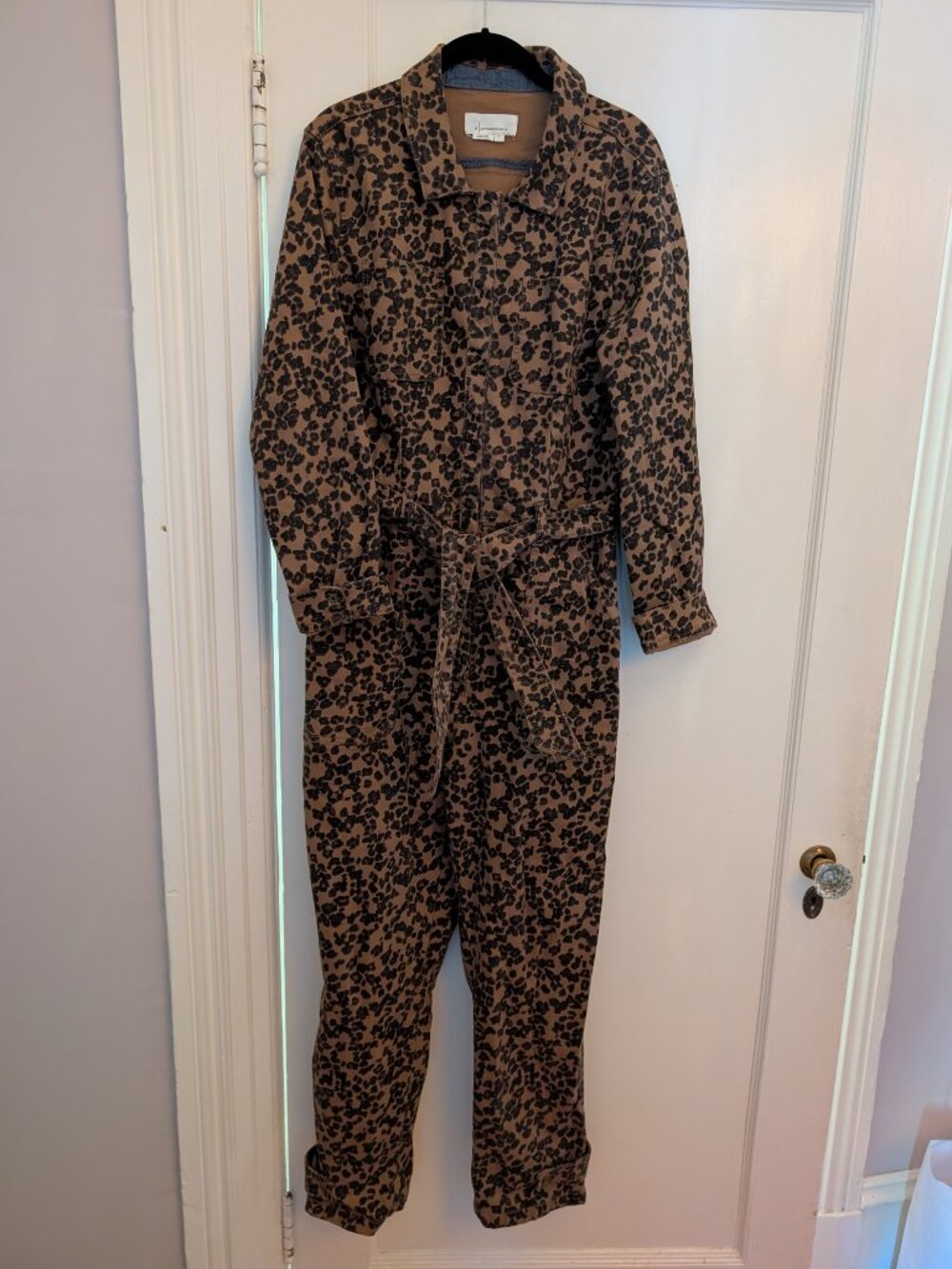 Anthropologie Leopard Denim Utility Jumpsuit Coveralls size L - Picture 2 of 5